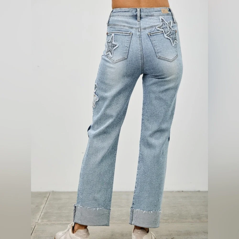 High Rise Star & Heart Patched Dad Jean W/stretch
